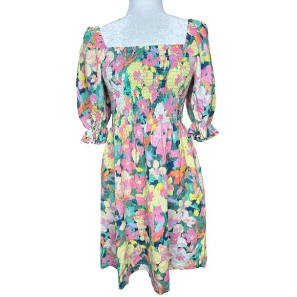 GAP Floral Smocked Dress Medium‎ Linen Cotton Puff Sleeve Colorful Party Cottage - Picture 2 of 13